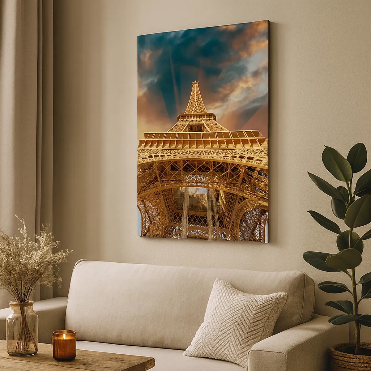 Cuadro sobre lienzo - Impresión de Imagen - La Torre Eiffel desde abajo con el sol poniente como telón de fondo - 50x70cm - Mientras la humanidad alcanza el cielo - Decoración de pared moderna para salón y dormitorio ARTTOR