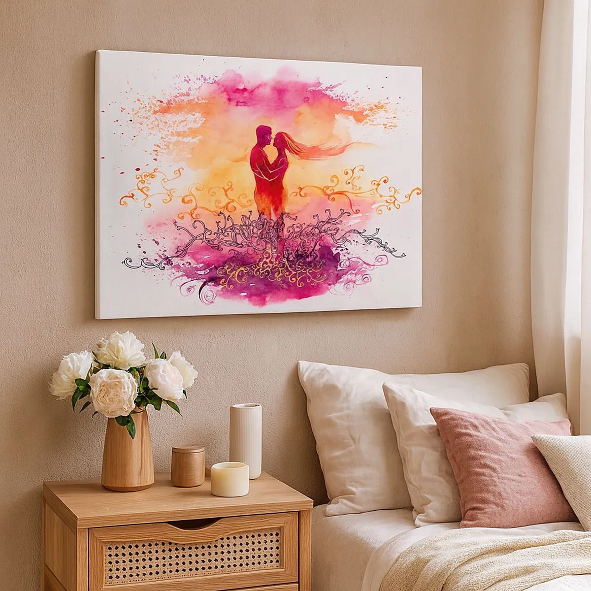 Cuadro sobre lienzo - Impresión de Imagen - Una pareja abrazándose sobre un patrón abstracto rosa y naranja. - 70x50cm - ¡Un solo corazón! Necesito tan poco para ser feliz… - Decoración de pared moderna para salón y dormitorio ARTTOR