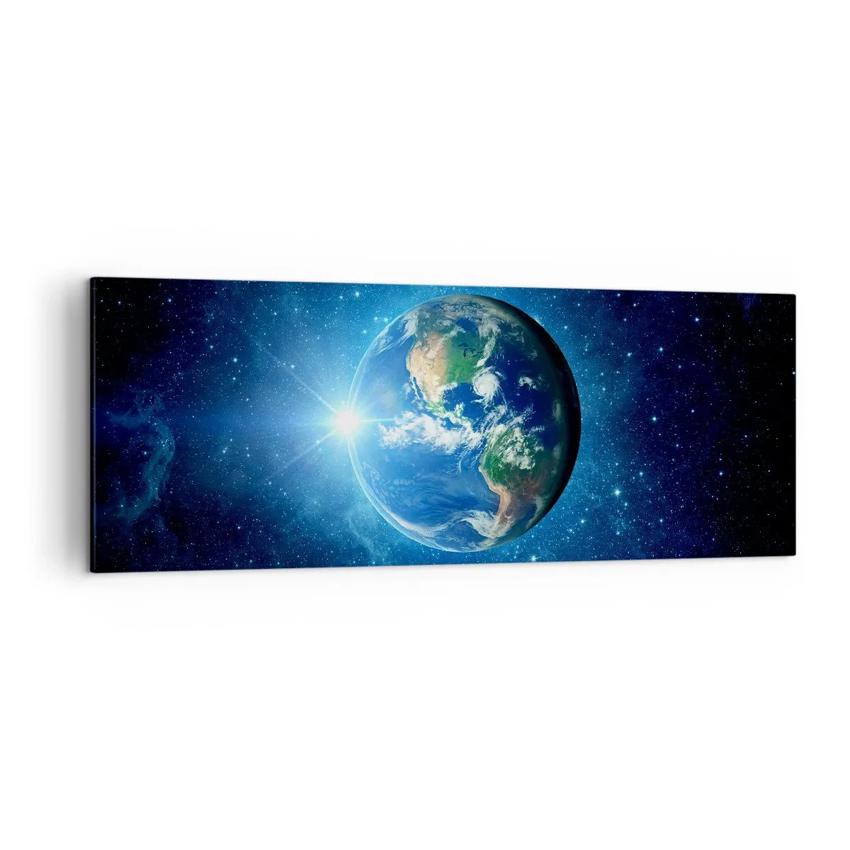 Cuadro sobre lienzo - Impresión de Imagen - La Tierra en el espacio rodeada de estrellas y luz. - 140x50cm - Estamos en el cielo - Decoración de pared moderna para salón y dormitorio ARTTOR