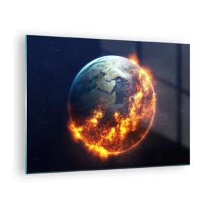 Cuadro sobre vidrio - Impresiones sobre Vidrio - La Tierra rodeada de llamas en el espacio exterior - 70x50cm - La llama del apocalipsis - Decoración de pared moderna para salón y dormitorio ARTTOR