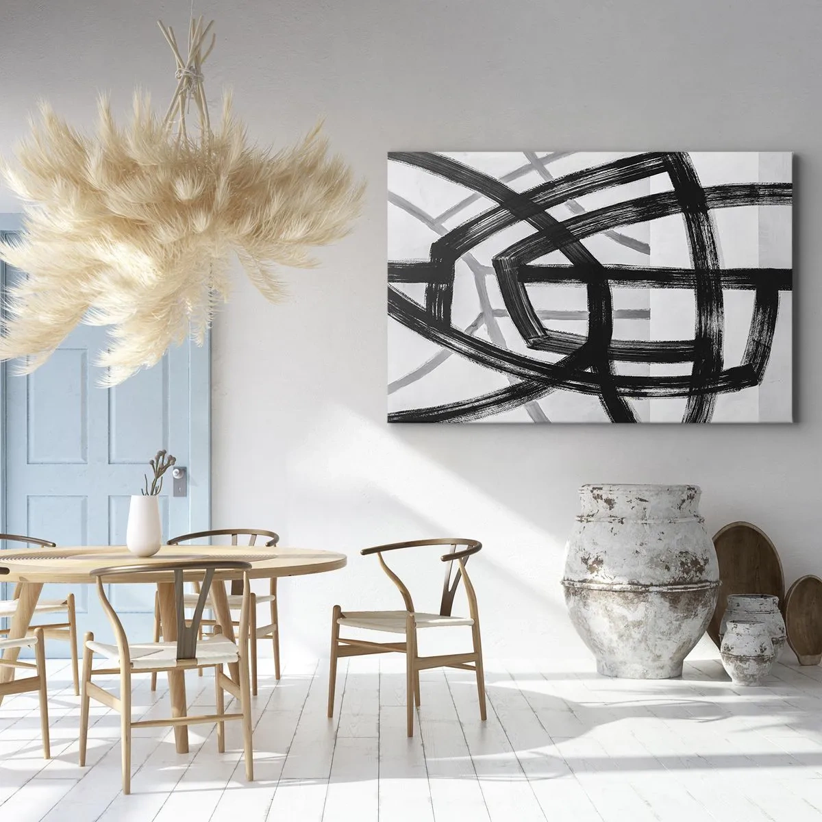 Cuadro sobre lienzo - Impresión de Imagen - Líneas abstractas en blanco y negro que se cruzan sobre un fondo claro - 120x80cm - Construir profundidad - Decoración de pared moderna para salón y dormitorio ARTTOR