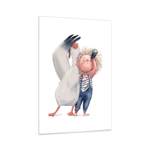 Cuadro sobre vidrio - Impresiones sobre Vidrio - Ilustración de un niño con un pelícano y un telescopio en la mano. - 70x100cm - Un plan para un gran viaje - Decoración de pared moderna para salón y dormitorio ARTTOR