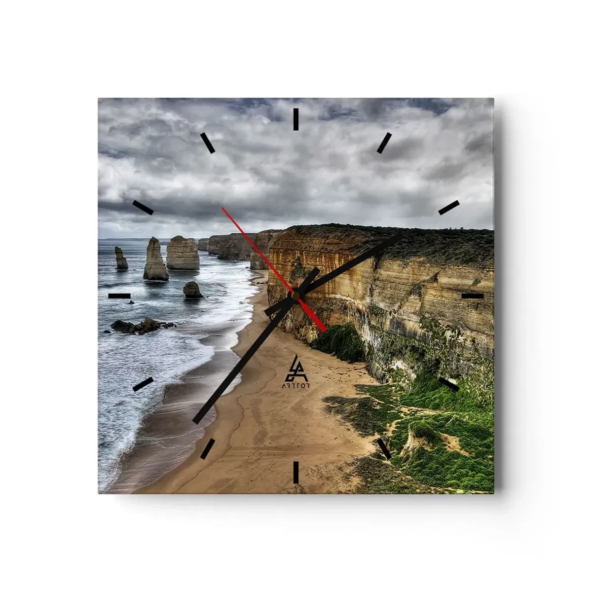 Reloj de pared - Reloj de vidrio - Costa de acantilados con playa y formaciones rocosas - 30x30cm - Belleza en bruto - Decoración de pared moderna para salón y dormitorio ARTTOR