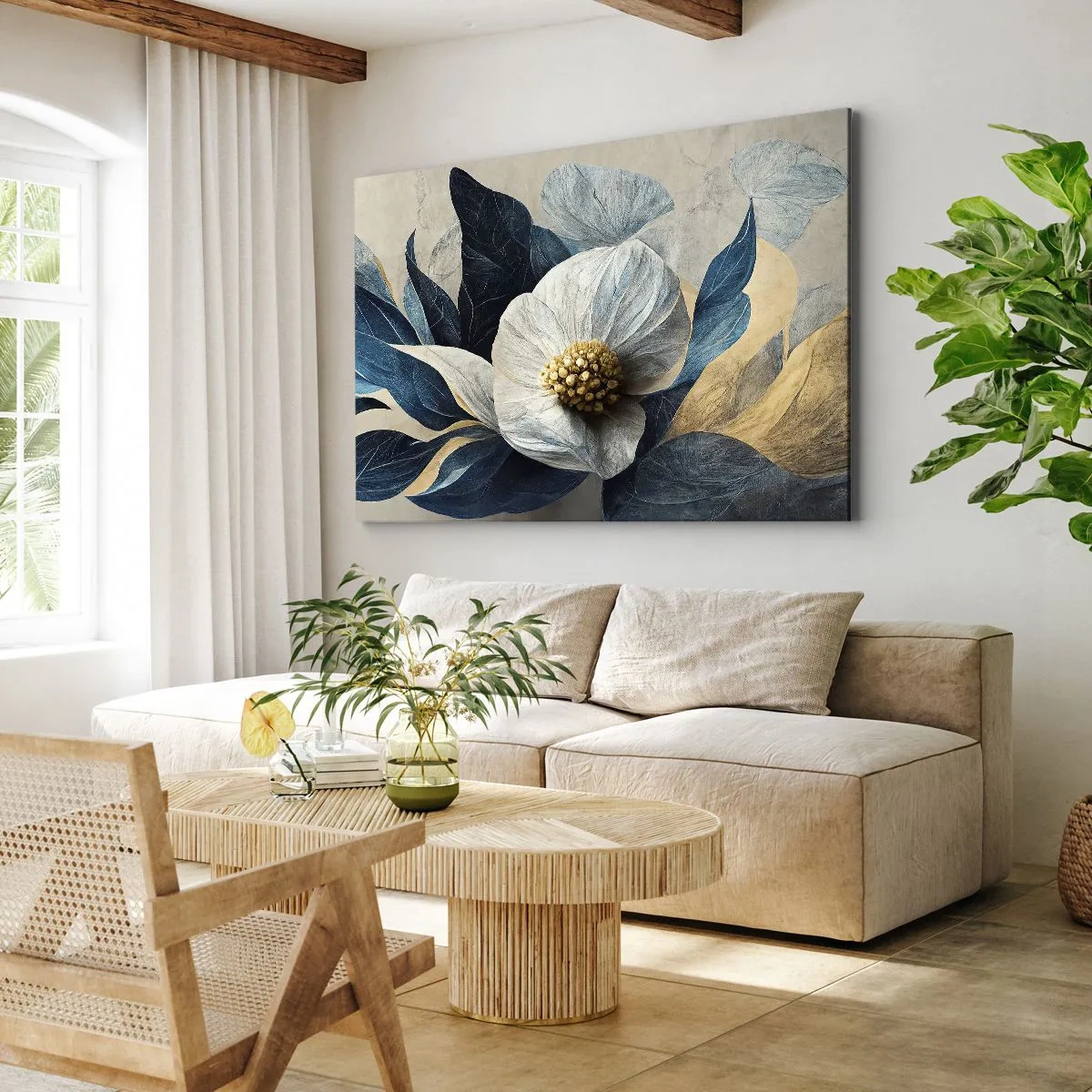Cuadro sobre lienzo - Impresión de Imagen - Una flor con hojas azules sobre un fondo elegante. - 100x70cm - Con un corazón de oro - Decoración de pared moderna para salón y dormitorio ARTTOR