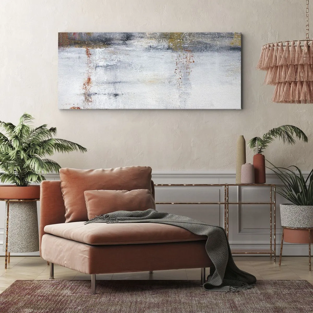 Cuadro sobre lienzo - Impresión de Imagen - Un paisaje abstracto con acentos borrosos de gris y dorado. - 160x50cm - Tras una cortina de aire - Decoración de pared moderna para salón y dormitorio ARTTOR