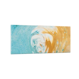 Cuadro sobre vidrio - Impresiones sobre Vidrio - Ondas abstractas en tonos azules y dorados sobre lienzo. - 120x50cm - Remolino pastel - Decoración de pared moderna para salón y dormitorio ARTTOR