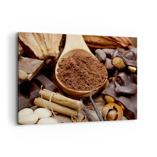 Cuadro sobre lienzo - Impresión de Imagen - Una cucharada de ingredientes de cacao y chocolate en un arreglo rústico. - 120x80cm - Lo mejor para las penas - Decoración de pared moderna para salón y dormitorio ARTTOR