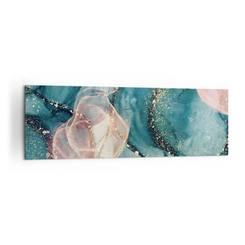 Cuadro sobre lienzo - Impresión de Imagen - Una composición abstracta en tonos turquesa y dorado. - 160x50cm - Seda azul, tul rosa - Decoración de pared moderna para salón y dormitorio ARTTOR