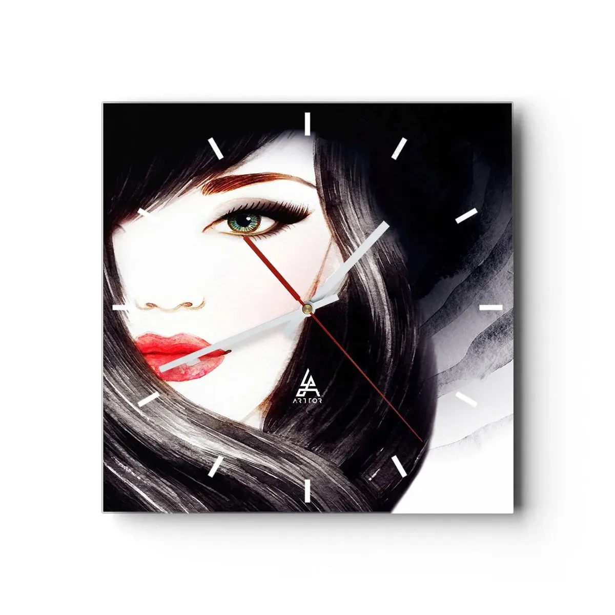 Reloj de pared - Reloj de vidrio - Retrato de una mujer con mirada expresiva y labios rojos. - 30x30cm - Mirada de zafiro - Decoración de pared moderna para salón y dormitorio ARTTOR