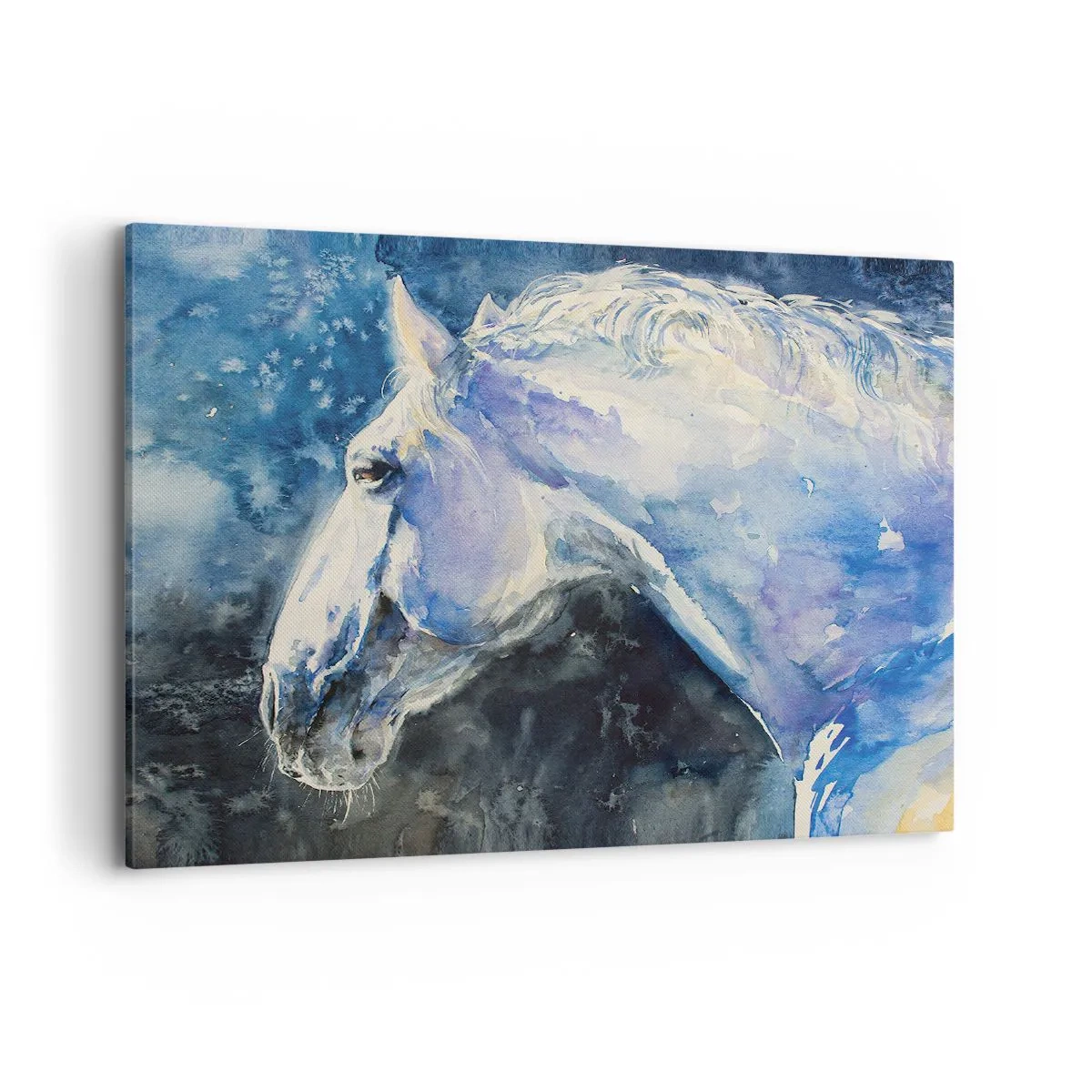 Cuadro sobre lienzo - Impresión de Imagen - Un retrato de un caballo en tonos azules con un efecto de acuarela pictórica. - 100x70cm - Retrato en un resplandor azul - Decoración de pared moderna para salón y dormitorio ARTTOR