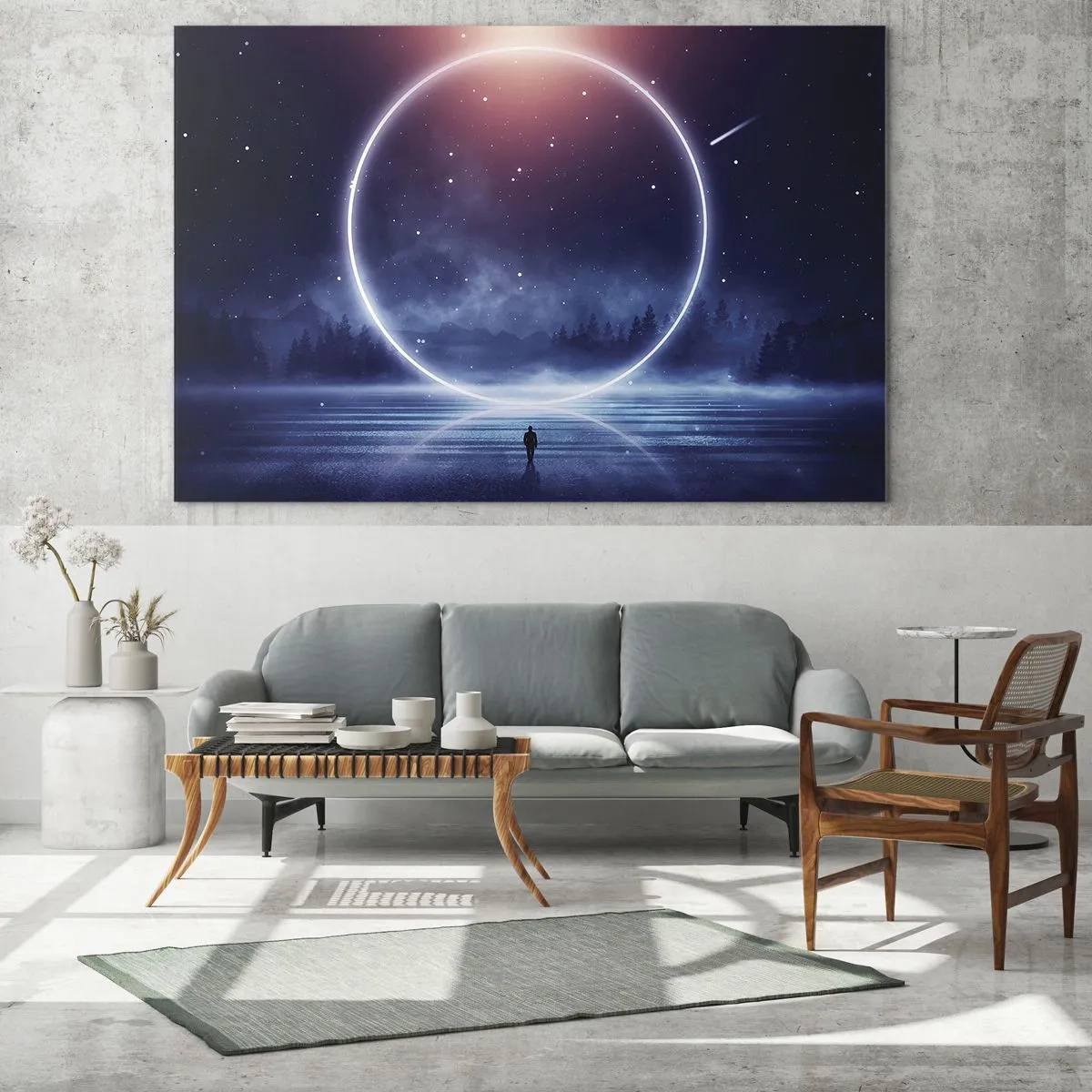 Cuadro sobre vidrio - Impresiones sobre Vidrio - Un círculo de luz sobre el lago entre el cielo nocturno y el bosque. - 70x50cm - Ya están aquí... - Decoración de pared moderna para salón y dormitorio ARTTOR