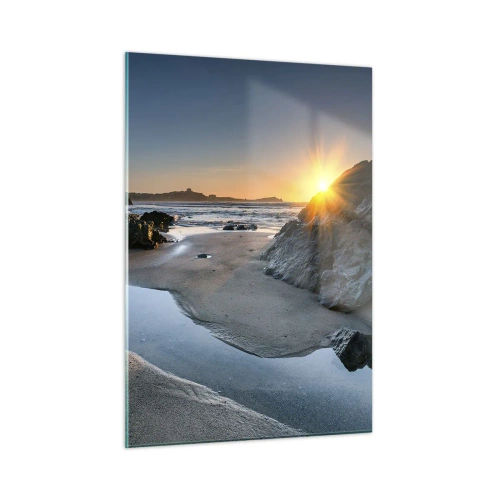 Cuadro sobre vidrio - Impresiones sobre Vidrio - Playa al amanecer con pintorescas rocas y agua. - 50x70cm - Sin tocar por la mano del hombre - Decoración de pared moderna para salón y dormitorio ARTTOR