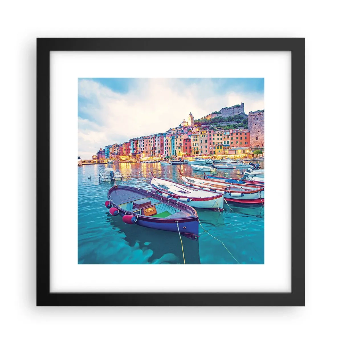 Póster en marco negro - Una noche colorida en el puerto - 30x30 cm