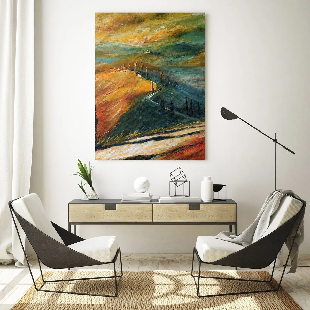 Cuadro sobre vidrio - Impresiones sobre Vidrio - Paisaje toscano con campos, camino y cipreses. - 70x100cm - Paisaje toscano - Decoración de pared moderna para salón y dormitorio ARTTOR