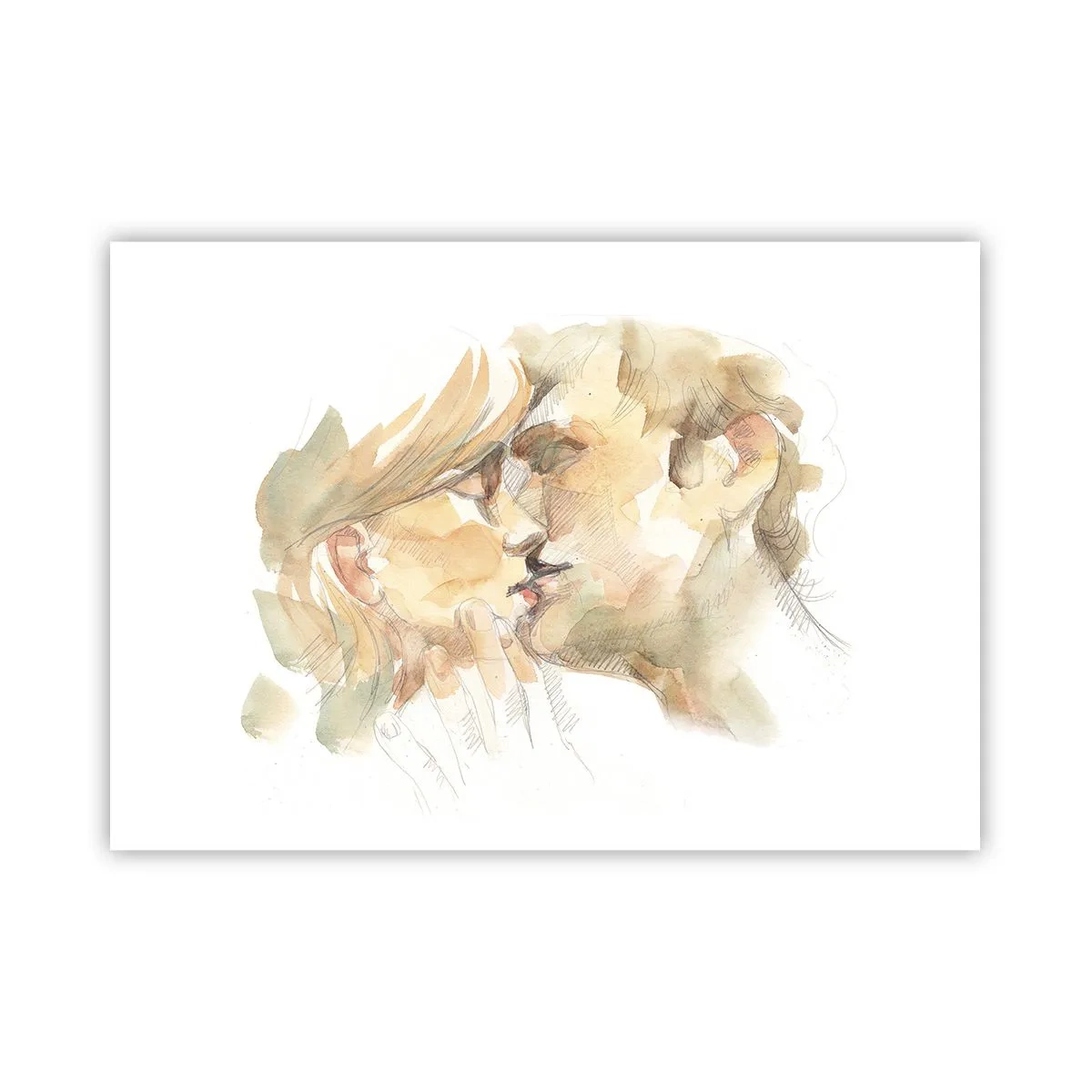 Póster - Retrato romántico en acuarela de una pareja besándose. - 100x70cm - ¿La media naranja encontrada? - Decoración de pared moderna para salón y dormitorio ARTTOR