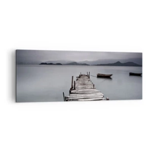 Cuadro sobre lienzo - Impresión de Imagen - Un puente de madera que conduce a la tranquila superficie del lago. - 140x50cm - Mañana partimos - Decoración de pared moderna para salón y dormitorio ARTTOR