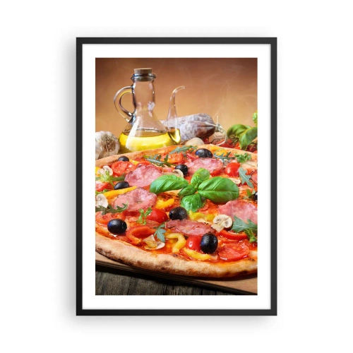 Póster en marco negro - Deliciosa pizza con aceitunas y hierbas sobre una mesa de madera. - 50x70cm - Con un verdadero sabor italiano - Decoración de pared moderna para salón y dormitorio ARTTOR