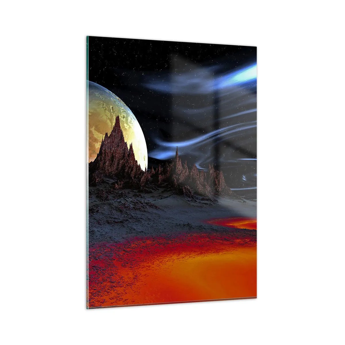 Cuadro sobre vidrio - Impresiones sobre Vidrio - Paisaje extraterrestre con un planeta y un cielo colorido. - 50x70cm - Mundo desconocido - Decoración de pared moderna para salón y dormitorio ARTTOR