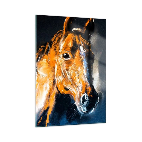 Cuadro sobre vidrio - Impresiones sobre Vidrio - Retrato de un caballo en intensos tonos marrones sobre un fondo oscuro. - 50x70cm - Entonces, ¿vienes? - Decoración de pared moderna para salón y dormitorio ARTTOR