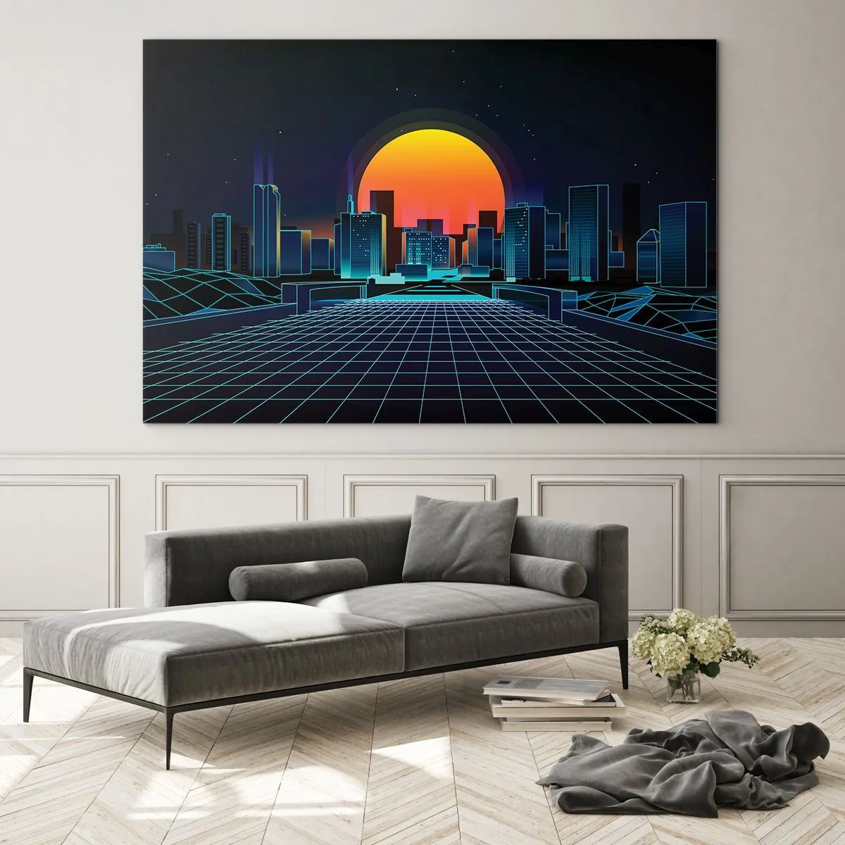 Cuadro sobre vidrio - Impresiones sobre Vidrio - Panorama de ciudad futurista con puesta de sol - 70x50cm - ¿Todavía deseas volver a la realidad? - Decoración de pared moderna para salón y dormitorio ARTTOR