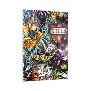 Cuadro sobre vidrio - Impresiones sobre Vidrio - Una colorida composición de patrones inspirados en el arte del tatuaje. - 50x70cm - El sueño de un tatuador - Decoración de pared moderna para salón y dormitorio ARTTOR