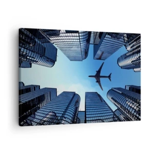 Cuadro sobre lienzo - Impresión de Imagen - Un avión volando sobre modernos rascacielos en el centro de la ciudad. - 70x50cm - La vista desde el abismo de cristal - Decoración de pared moderna para salón y dormitorio ARTTOR