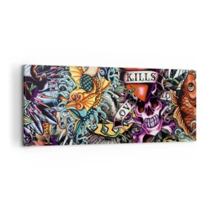 Cuadro sobre lienzo - Impresión de Imagen - Obra de arte colorida estilo tatuaje con calaveras y motivos náuticos. - 120x50cm - El sueño de un tatuador - Decoración de pared moderna para salón y dormitorio ARTTOR