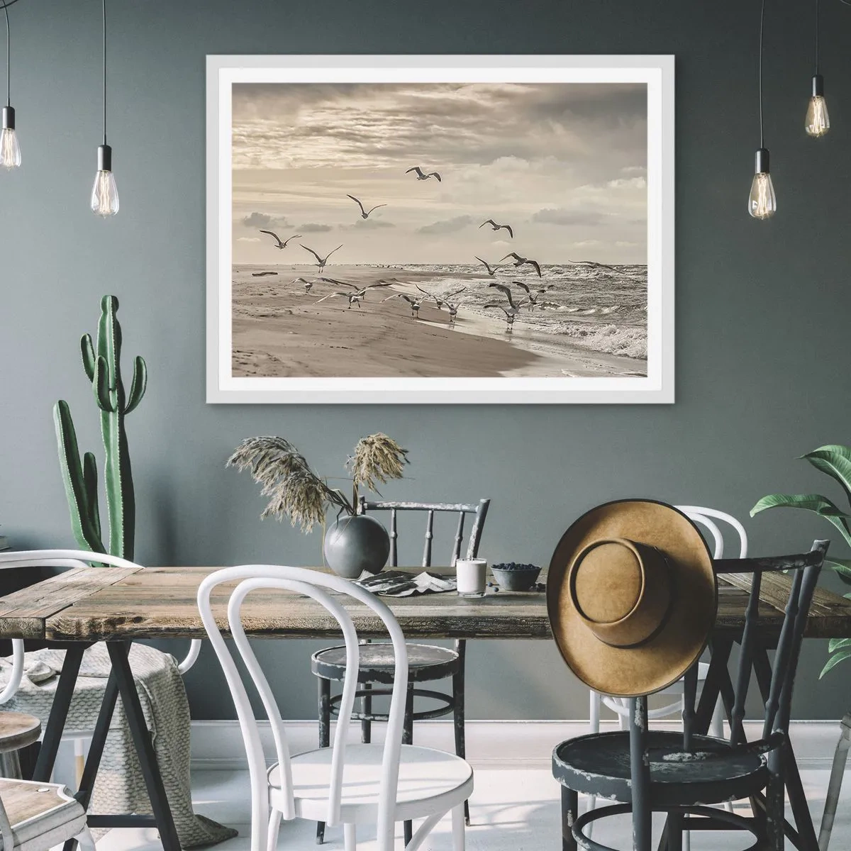 Póster en marco blanco - El sonido del mar, el canto de los pájaros - 50x40 cm