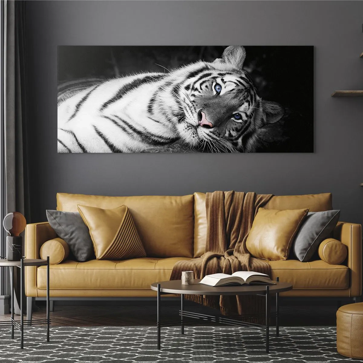 Cuadro sobre vidrio - Impresiones sobre Vidrio - Un tigre blanco representado artísticamente sobre un fondo negro. - 120x50cm - Salvaje y tranquilo - Decoración de pared moderna para salón y dormitorio ARTTOR