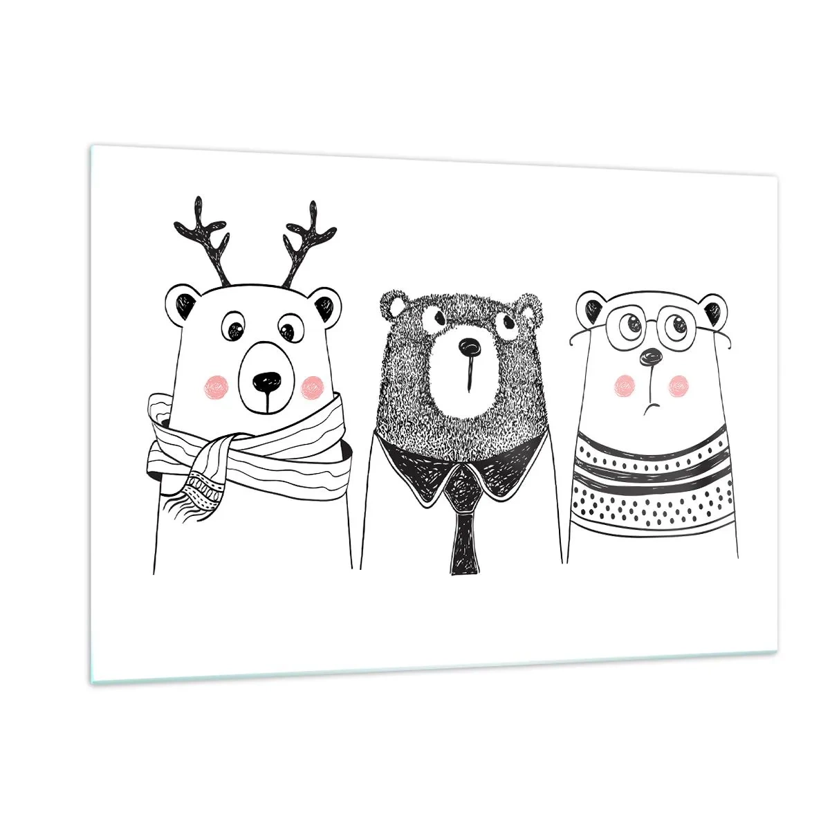 Cuadro sobre vidrio - Impresiones sobre Vidrio - Tres osos divertidos en una ilustración en blanco y negro - 120x80cm - Tres osos - Decoración de pared moderna para salón y dormitorio ARTTOR