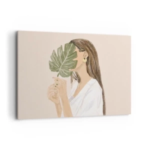 Cuadro sobre lienzo - Impresión de Imagen - Retrato de una mujer con una hoja de monstera sobre un fondo beige. - 100x70cm - Retrato misterioso con un abanico - Decoración de pared moderna para salón y dormitorio ARTTOR