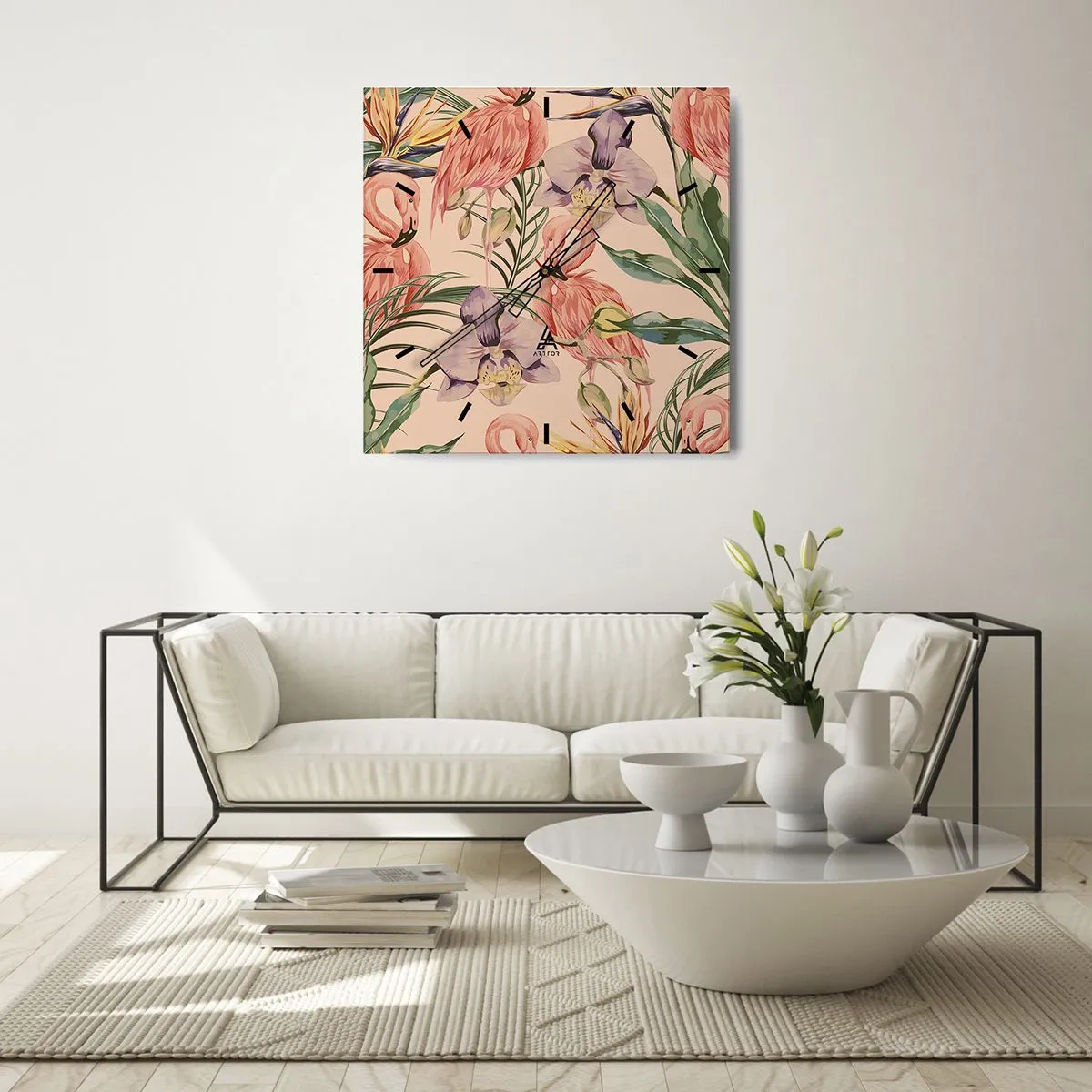 Reloj de pared - Reloj de vidrio - Flamencos y flores tropicales sobre un fondo claro. - 30x30cm - Un ballet rosa en flores - Decoración de pared moderna para salón y dormitorio ARTTOR