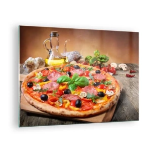 Cuadro sobre vidrio - Impresiones sobre Vidrio - Pizza con ingredientes sobre una mesa de madera con aceite de oliva y especias. - 70x50cm - Con un verdadero sabor italiano - Decoración de pared moderna para salón y dormitorio ARTTOR