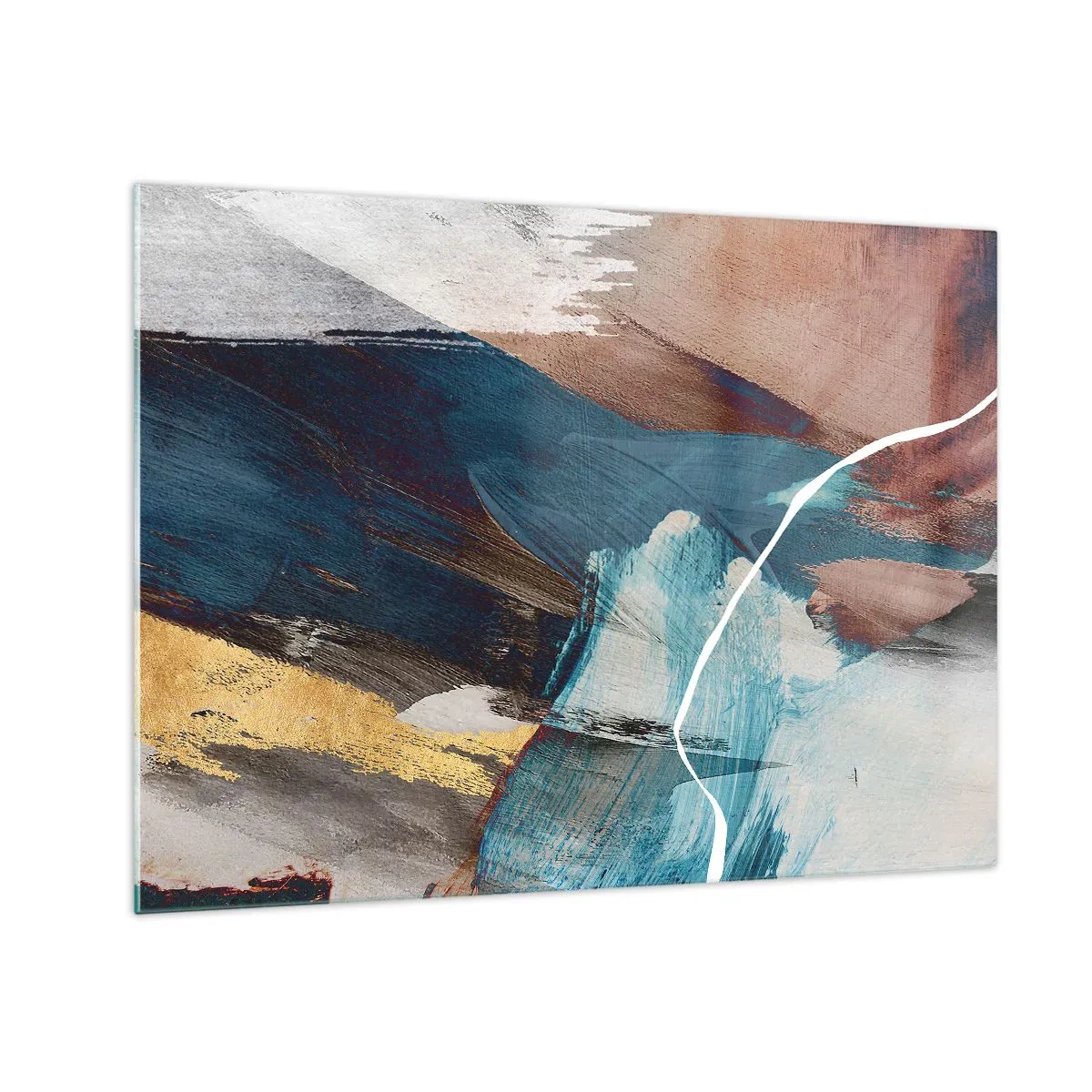 Cuadro sobre vidrio - Impresiones sobre Vidrio - Una composición abstracta en turquesa, dorado y marrón. - 70x50cm - Con estilo y energía - Decoración de pared moderna para salón y dormitorio ARTTOR