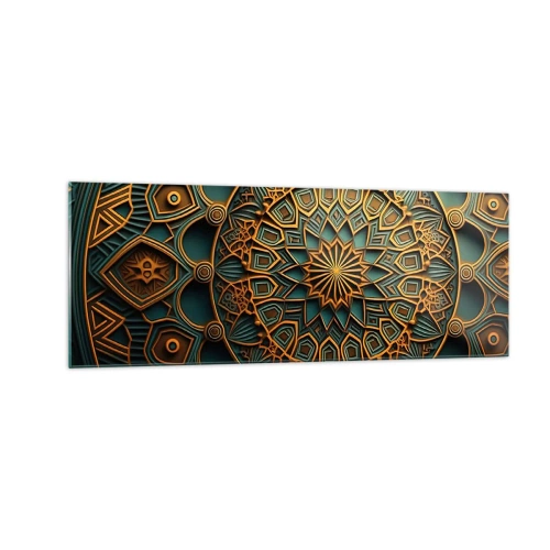 Cuadro sobre vidrio - Impresiones sobre Vidrio - Un mandala dorado sobre un fondo turquesa con ricos detalles. - 140x50cm - En un clima árabe - Decoración de pared moderna para salón y dormitorio ARTTOR
