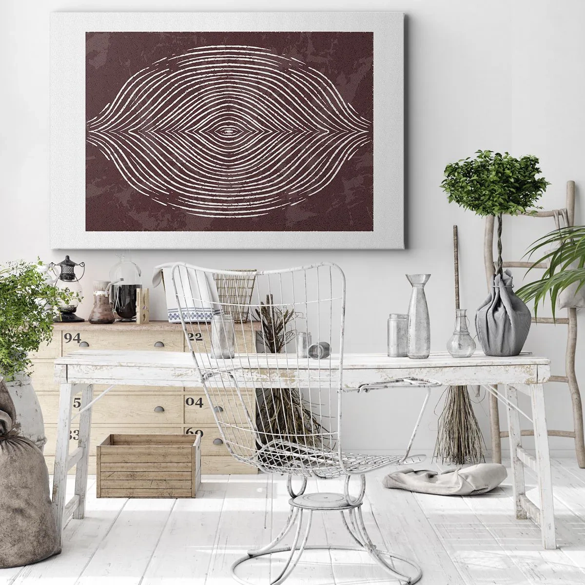 Cuadro sobre lienzo - Impresión de Imagen - Ondas simétricas en líneas blancas sobre un fondo marrón - 70x50cm - El espacio habla - Decoración de pared moderna para salón y dormitorio ARTTOR