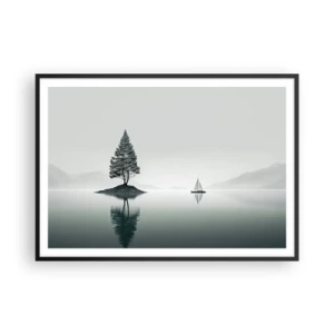 Póster en marco negro - Un paisaje minimalista con un árbol en una isla y un velero. - 100x70cm - Un sueño hecho realidad - Decoración de pared moderna para salón y dormitorio ARTTOR