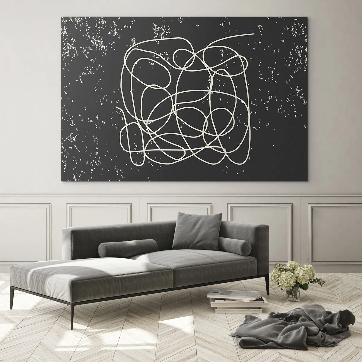 Cuadro sobre vidrio - Impresiones sobre Vidrio - Línea abstracta en forma de enredo sobre un fondo negro texturizado - 70x50cm - Pensamientos errantes - Decoración de pared moderna para salón y dormitorio ARTTOR
