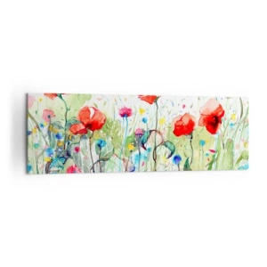 Cuadro sobre lienzo - Impresión de Imagen - Un prado con amapolas rojas y flores de colores en acuarela. - 160x50cm - Un prado en flor en mayo - Decoración de pared moderna para salón y dormitorio ARTTOR