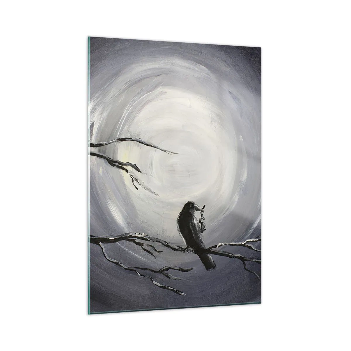 Cuadro sobre vidrio - Impresiones sobre Vidrio - Un cuervo posado en una rama con la luna llena como telón de fondo. - 50x70cm - La clave del misterio de la noche - Decoración de pared moderna para salón y dormitorio ARTTOR