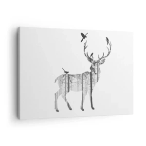 Cuadro sobre lienzo - Impresión de Imagen - Silueta de un ciervo con bosque y pájaros. - 70x50cm - El buen espíritu del bosque - Decoración de pared moderna para salón y dormitorio ARTTOR