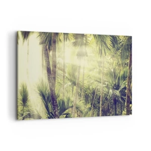 Cuadro sobre lienzo - Impresión de Imagen - Rayos de sol en un bosque tropical de palmeras - 120x80cm - En el cálido verde - Decoración de pared moderna para salón y dormitorio ARTTOR