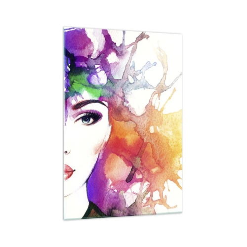 Cuadro sobre vidrio - Impresiones sobre Vidrio - Retrato de una mujer en colores de acuarela con manchas abstractas. - 70x100cm - Con la cabeza en las nubes - Decoración de pared moderna para salón y dormitorio ARTTOR