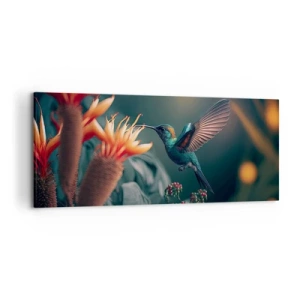 Cuadro sobre lienzo - Impresión de Imagen - Un colibrí colorido junto a las flores contra un fondo natural. - 120x50cm - Una vida verdaderamente colorida - Decoración de pared moderna para salón y dormitorio ARTTOR