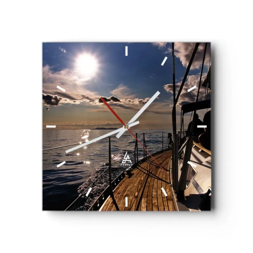 Reloj de pared - Reloj de vidrio - Un crucero en yate por el mar al atardecer - 30x30cm - Bajo las velas hacia el sol - Decoración de pared moderna para salón y dormitorio ARTTOR