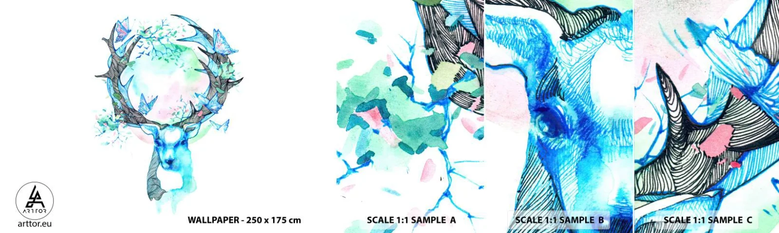 Muestra de fotomural autoadhesivo Deluxe Sticker - La fuerza y la dulzura de la naturaleza - Abstracción, Ciervo, Naturaleza - 100x30 cm