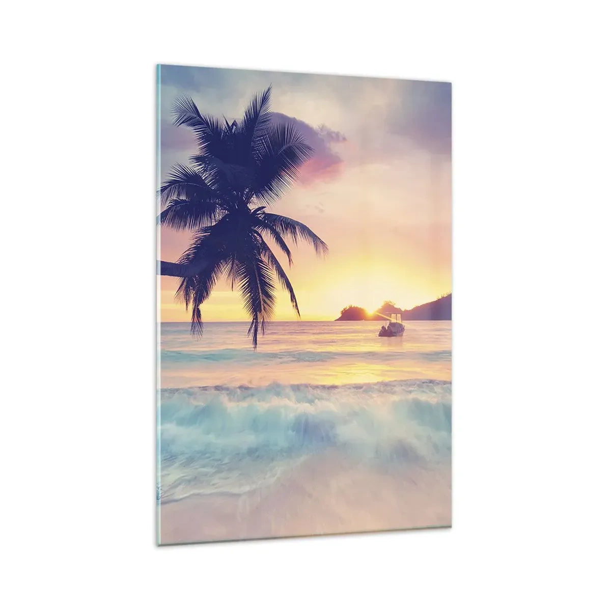 Cuadro sobre vidrio - Impresiones sobre Vidrio - Playa con palmera y puesta de sol sobre el océano. - 80x120cm - Atardecer en la bahía - Decoración de pared moderna para salón y dormitorio ARTTOR