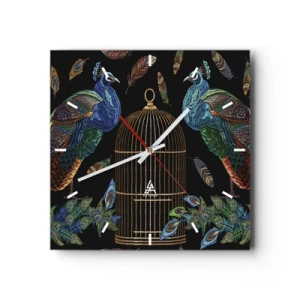 Reloj de pared - Reloj de vidrio - Pavos reales junto a una jaula dorada sobre un fondo negro - 30x30cm - Con plumajes reales - Decoración de pared moderna para salón y dormitorio ARTTOR