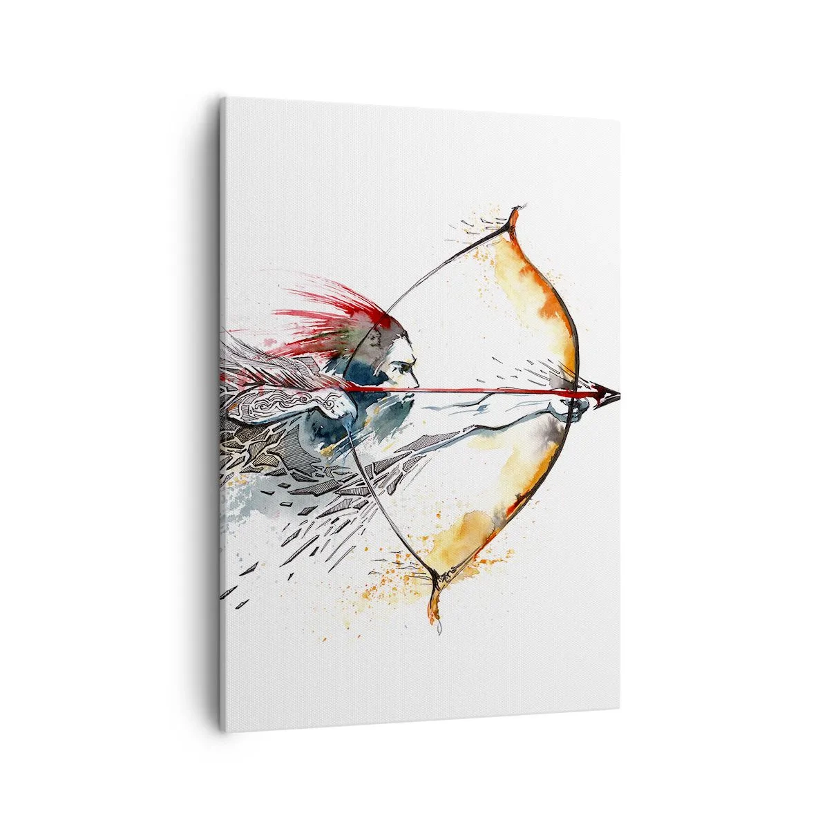 Cuadro sobre lienzo - Impresión de Imagen - Pintura dinámica de acuarela de un guerrero con arco y flecha. - 50x70cm - Guerrero mítico con arco de fuego - Decoración de pared moderna para salón y dormitorio ARTTOR