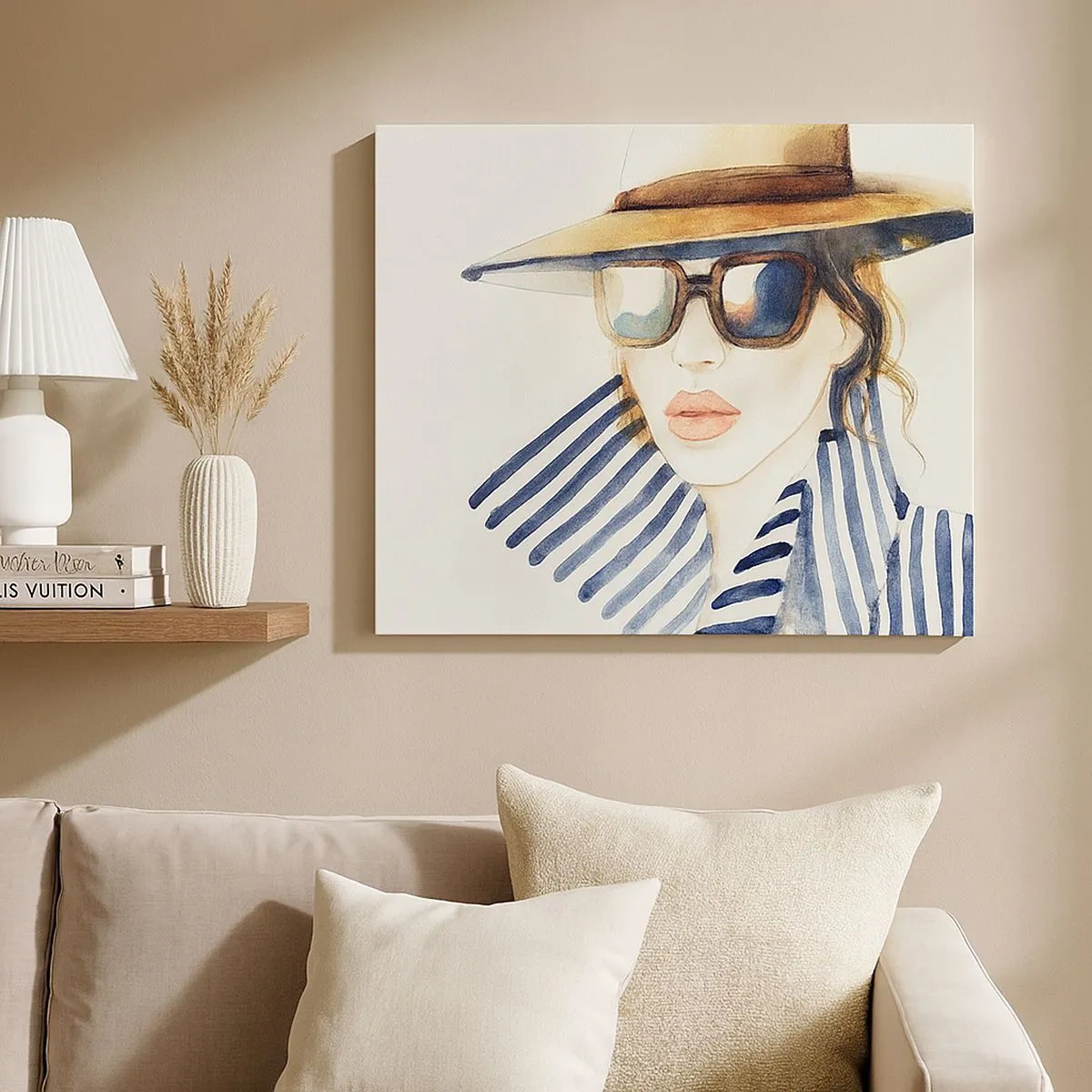 Cuadro sobre lienzo - Impresión de Imagen - Retrato de una mujer con sombrero y gafas de sol. - 70x50cm - ¡Florida le da la bienvenida! - Decoración de pared moderna para salón y dormitorio ARTTOR